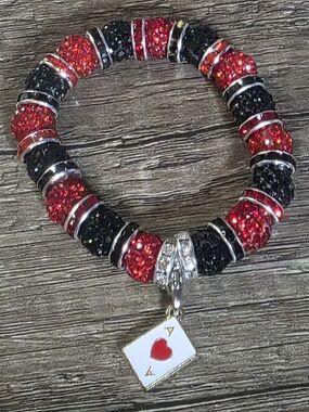 Red & Black Pave Disco Ball Bracelet with Ace of Hearts Charm